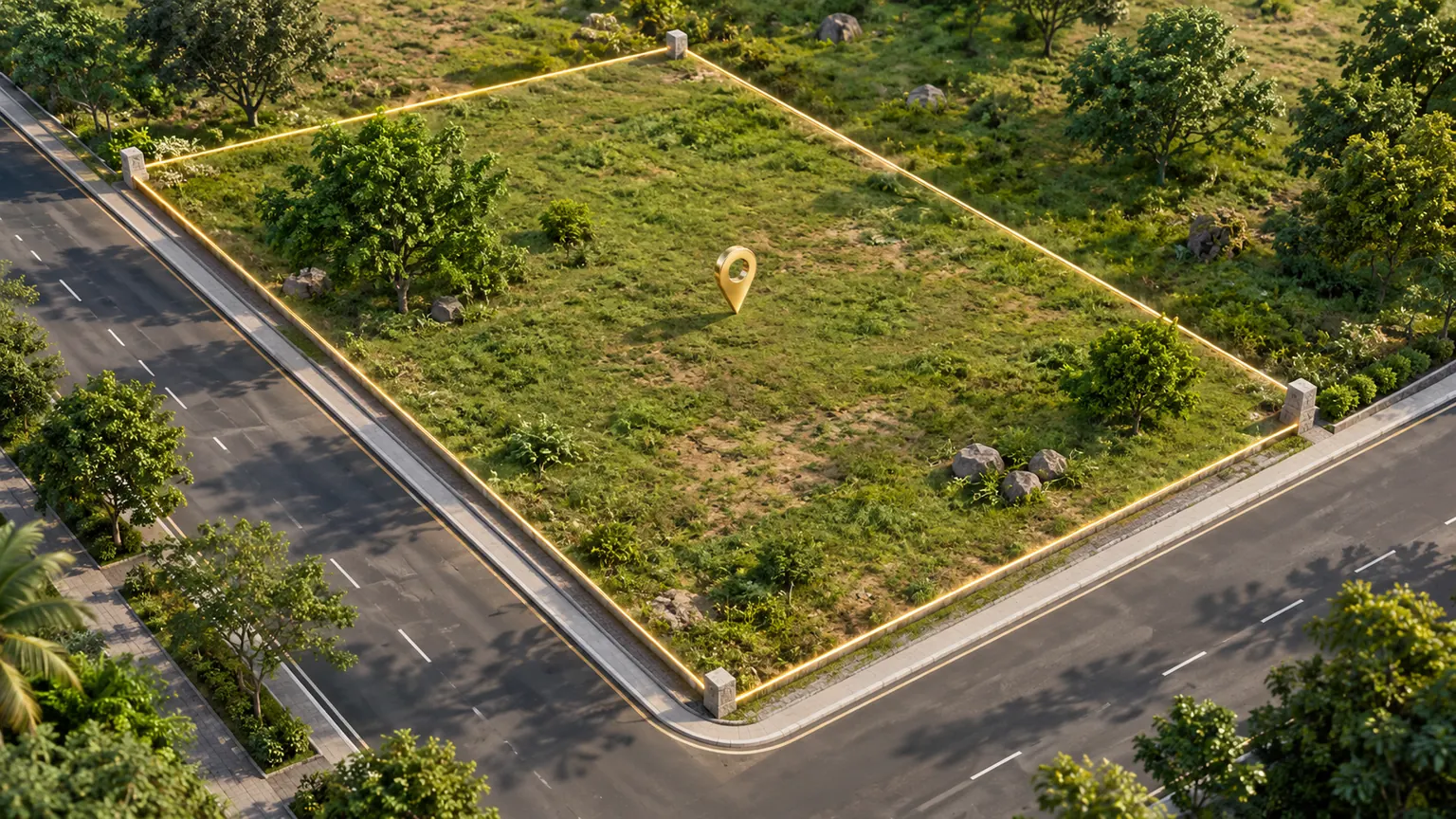 Corner plot with granite boundary stones at a road junction, marked with a gold outline